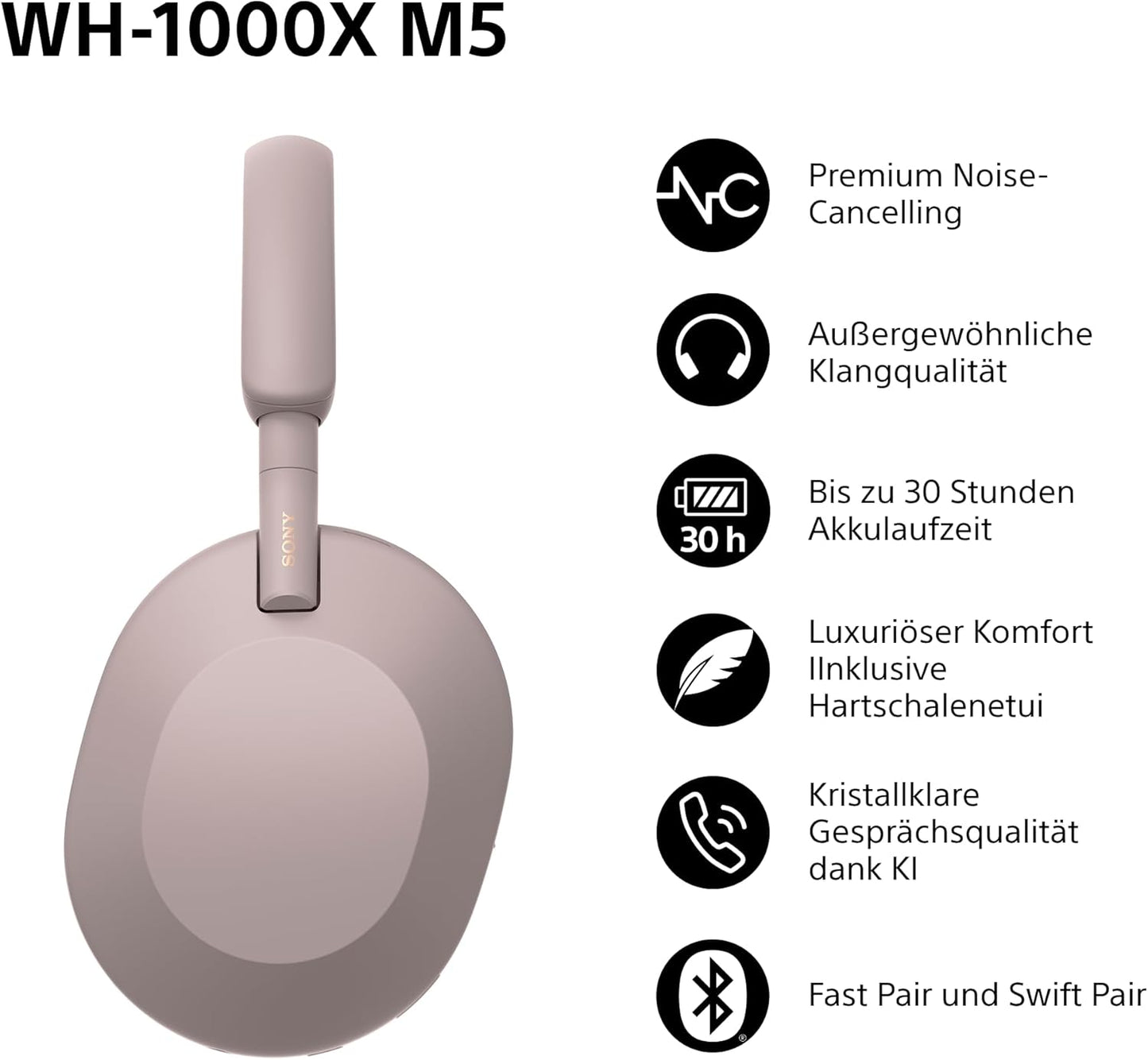 Sony WH-1000XM5 kabellose Bluetooth Noise Cancelling Kopfhörer, Smokey Pink