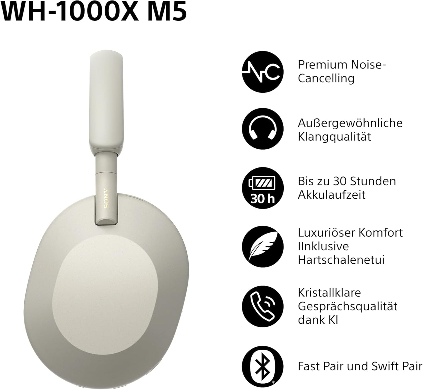 Sony WH-1000XM5 kabellose Bluetooth Noise Cancelling Kopfhörer, Silber