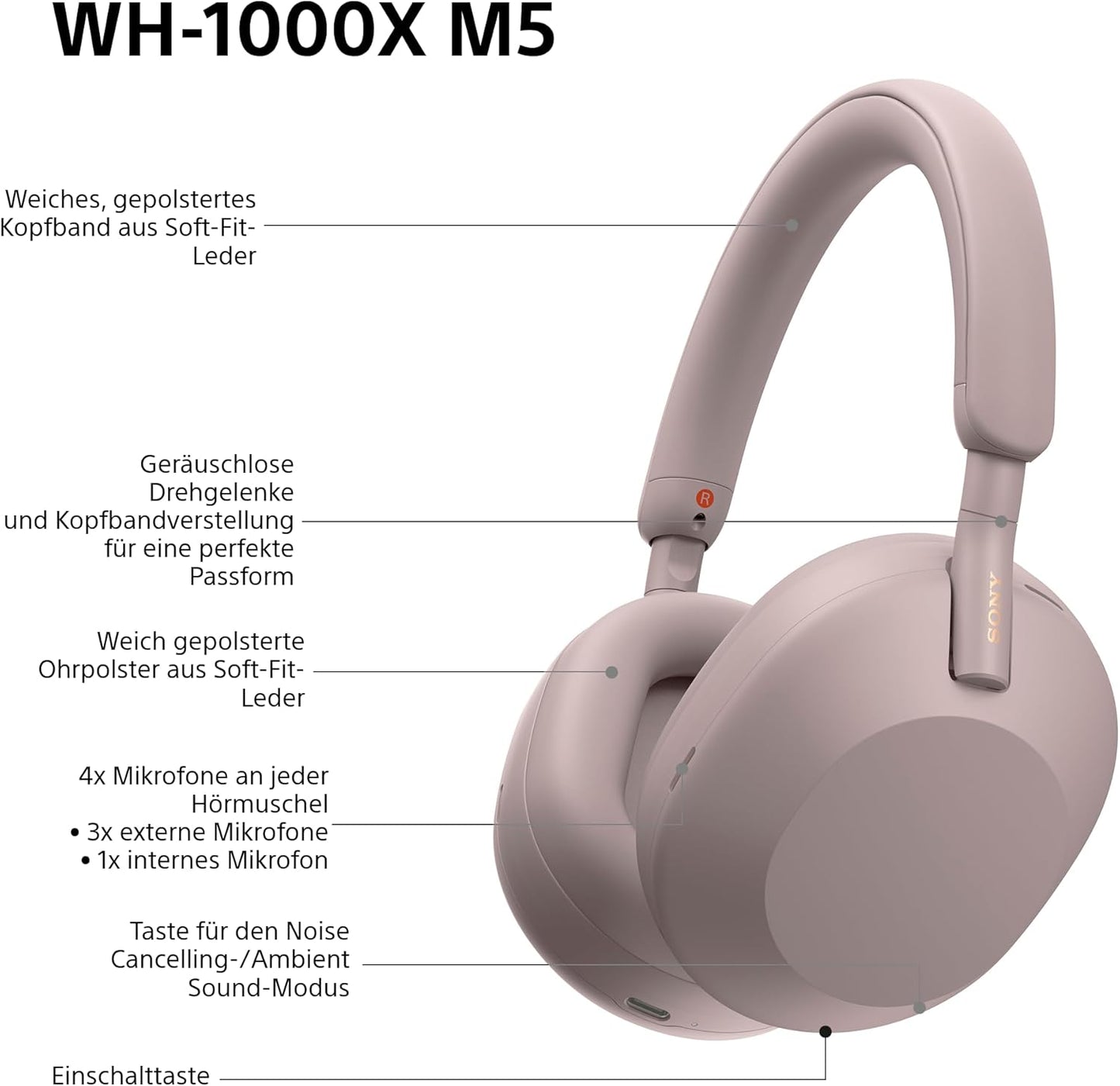 Sony WH-1000XM5 kabellose Bluetooth Noise Cancelling Kopfhörer, Smokey Pink