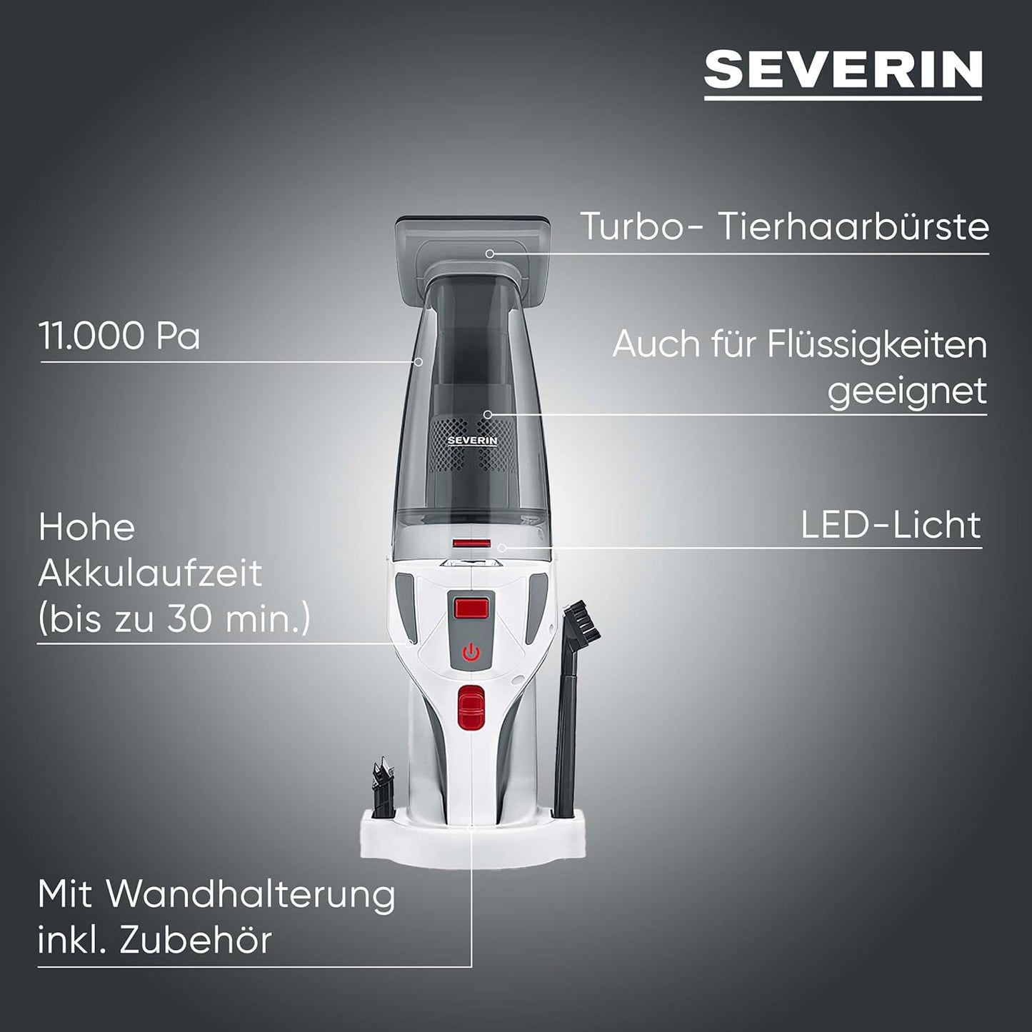 SEVERIN 4-in-1 Akku-Handstaubsauger, weiß-grau/rot, HV 7146