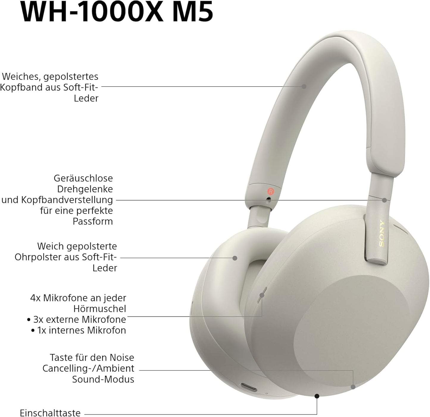 Sony WH-1000XM5 kabellose Bluetooth Noise Cancelling Kopfhörer, Silber