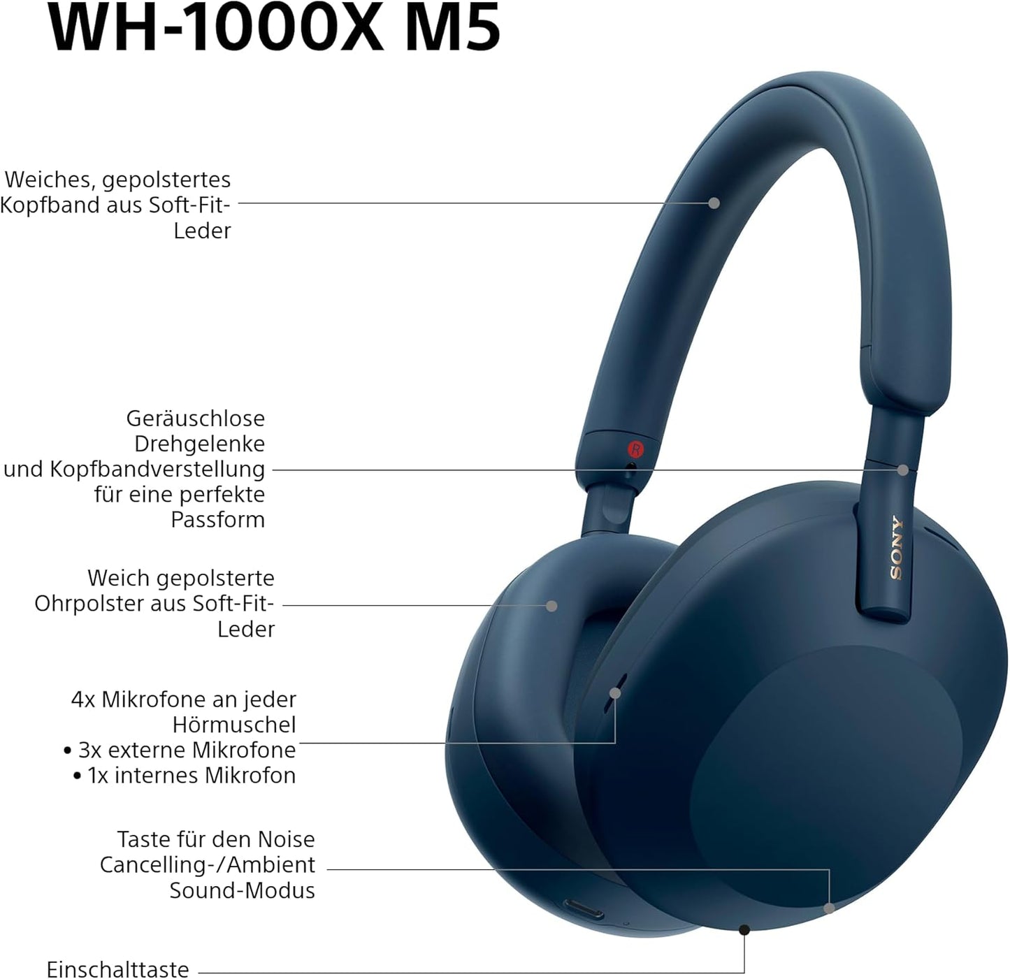 Sony WH-1000XM5 kabellose Bluetooth Noise Cancelling Kopfhörer, Mitternachtsblau